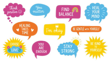 A vibrant collection of hand-drawn speech bubbles featuring inspirational quotes and positive affirmations for mental wellness and self-care