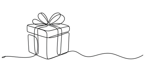 Continuous line drawing of a gift box with a bow for celebrations © Icon_gallery
