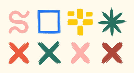 Collection of hand-drawn abstract shapes and symbols with a painterly brushstroke texture. Vector design elements set