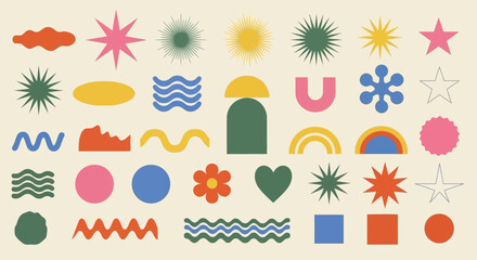 A collection of colorful abstract geometric shapes and trendy brutalist elements. Set of modern minimalist vector forms and symbols