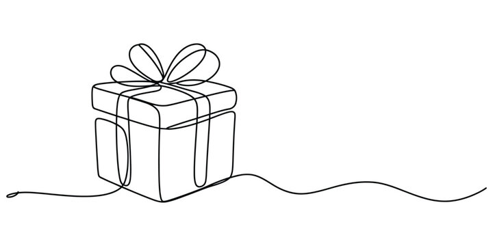 Continuous line drawing of a gift box with a bow for celebrations