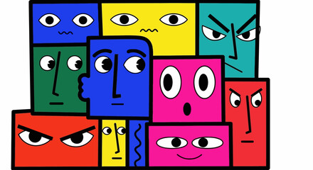 A vibrant collection of diverse geometric character faces expressing a spectrum of emotions in a colorful abstract mosaic