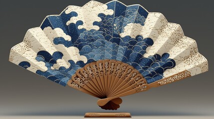 Blue and White Fan with Wave Patterns and Intricate Wooden Frame