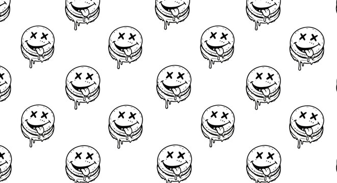Seamless black and white pattern of a melting cartoon cookie with a dizzy dead smiley face and dripping details for a modern backdrop