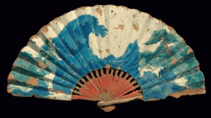Weathered Blue Fan with Wave and Landscape Designs