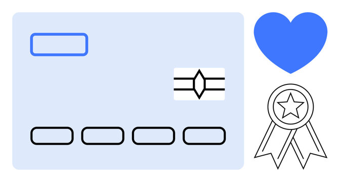 Credit card surrounded by a blue heart and ribbon badge with star. Ideal for finance, trust, loyalty programs, rewards, recognition, customer satisfaction, simple flat metaphor