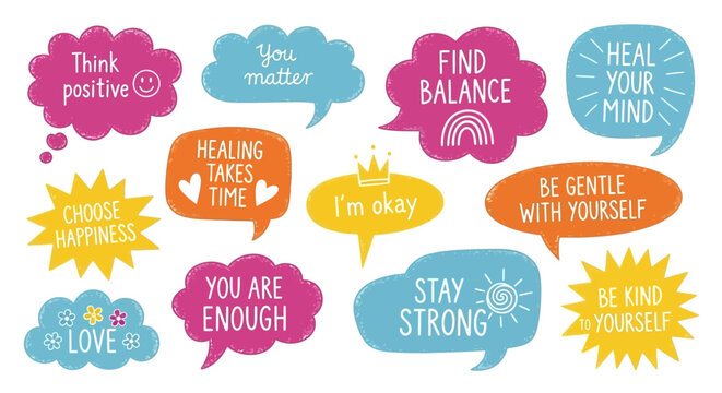 Vibrant vector set of positive psychology messages and self-care slogans in hand-drawn speech bubbles for mental wellness asnlas (55)