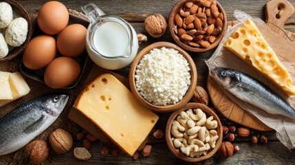 Colorful display of fresh dairy, fish, and nuts on a rustic wooden table showcasing a variety of healthy food options for a balanced diet
