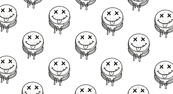 Seamless black and white pattern of a dripping cartoon sandwich cookie with a dead smiley face, vector background