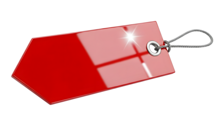 A bright red price tag with a shiny metallic grommet and string, isolated on a transparent background