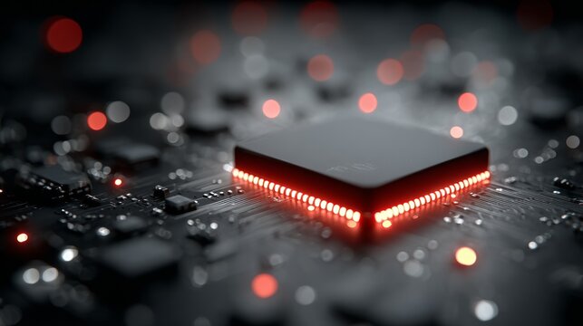 Futuristic microchip glows with vibrant red light, highlighting cutting-edge technology and innovation in a sleek, modern design for high-tech applications