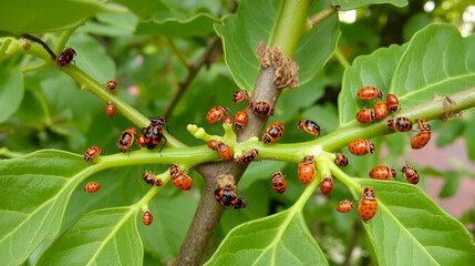 Many firebugs on a tree in different stages of development