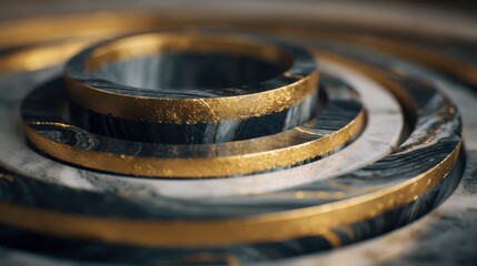 Close Up Of Concentric Circles With Marble Texture And Gold Accents abstract background