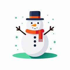 Festive snowman character with a happy smile, wearing a top hat and a warm orange scarf. A charming winter illustration representing holiday cheer and the magic of Christmas