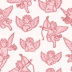 Flat vector whimsical cupids seamless pattern