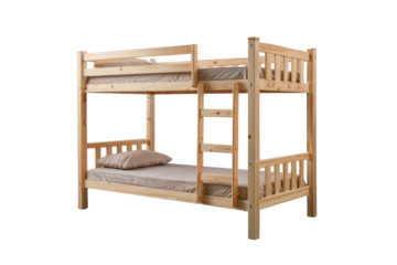 Wooden bunk bed with light tan sheets and pillows