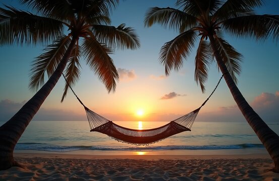 Hammock strung between palm trees on sandy beach at golden hour. Sun sets over calm ocean horizon with soft clouds. Tranquil tropical shore invites relaxation, vacation.