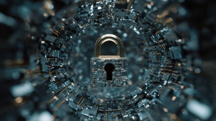 Digital lock stands at the center of swirling abstract circuitry representing cybersecurity and data protection in a modern technological landscape