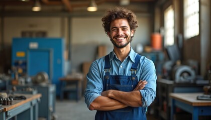 Smiling man in blue overalls stands with arms crossed in a workshop setting. He looks confident and happy. Industrial background with machinery visible.