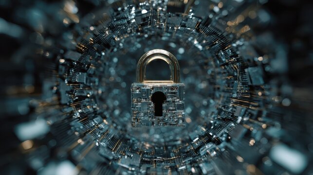 Digital lock stands at the center of swirling abstract circuitry representing cybersecurity and data protection in a modern technological landscape - Powered by Adobe