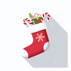 Festive red Christmas stocking overflowing with gifts, candy canes, and a snowflake design, perfect for holiday decorations and seasonal cheer