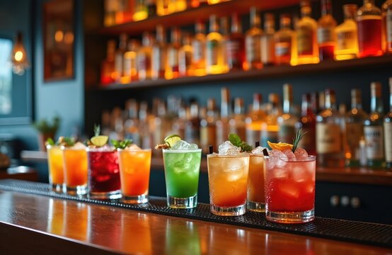 Assorted colorful cocktails sit on a bar counter with blurred bottles on shelves behind. Drinks feature ice, fruit garnishes like lime and orange slices, and mint leaves.