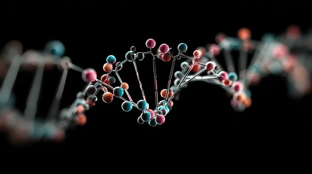 DNA double helix structure with colorful molecules illustrating genetic information and biological processes in a scientific representation