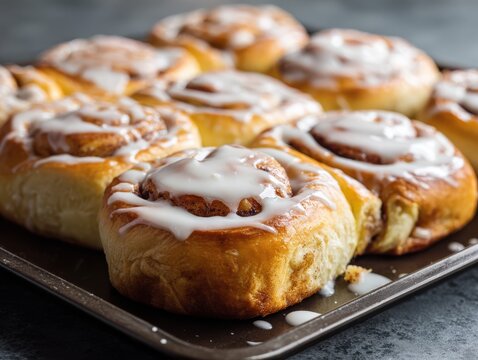 Close up of freshly baked cinnamon rolls with white icing in a dark baking pan pastry sweet - Powered by Adobe