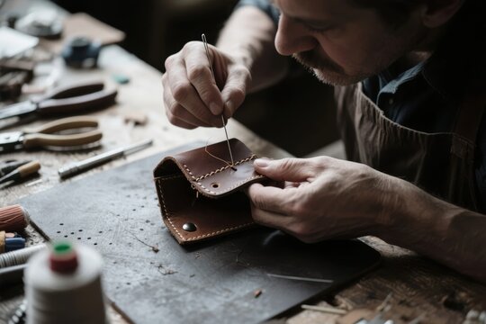 A craftsman meticulously hand-stitches a leather wallet using traditional tools in a workshop setting.