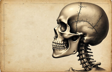 Detailed side view of human skull showing bone structure brain cavity teeth jaw and spinal cord connection. Medical illustration for education and science research.