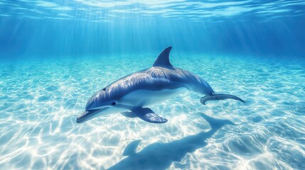 Fototapeta premium Dolphin swimming in clear tropical waters during a bright sunny day showcasing playful behavior and vibrant marine life