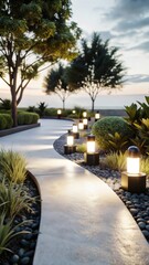 Fototapeta premium A serene oasis comes alive at dusk with softly glowing pathway lights and lush greenery illuminated in soft warm tones