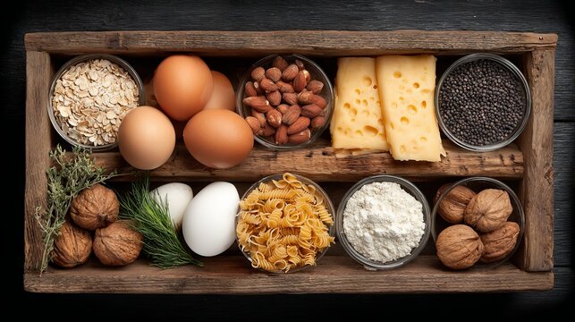 Healthy fitness food chart with variety of fresh ingredients arranged in wooden box top view clean eating diet nutrition concept for meal planning and weight loss background