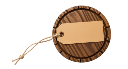 A round wooden tag with a blank brown paper tag attached by twine, isolated on transparent background