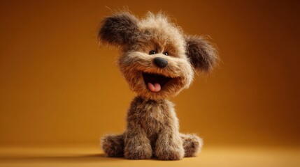 Cute fluffy cartoon puppy sitting on orange background smiling happy toy dog character concept for children illustration animation and joyful design visuals