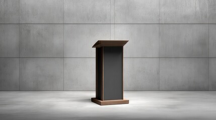 Modern podium in a minimalist room with concrete walls, showcasing a sleek design for presentations and speeches