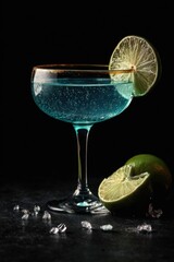Blue cocktail with lime slice served in elegant glass on dark background with ice crystals and dramatic light perfect for beverage advertising and bar menu design