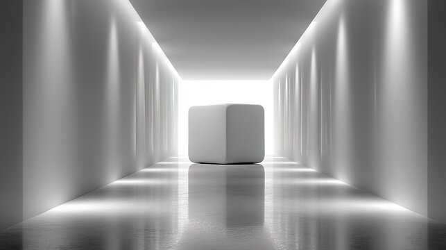 Minimalist Cube in Illuminated Corridor