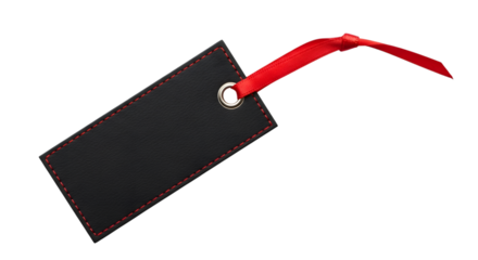 A black rectangular tag with red stitching and a red ribbon, isolated on transparent background