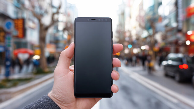 Hand holding smartphone in a busy city street during the day
