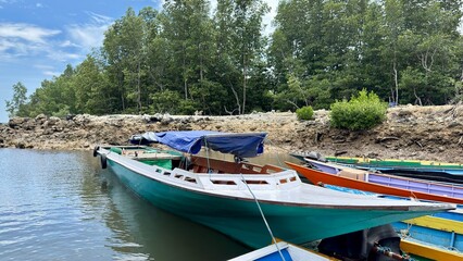 Colorful boats are anchored on the banks of a calm river estuary lined with lush green trees.  © faqih