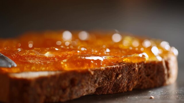 Delicious golden jam spread on fresh bread creates sweet breakfast experience, enhancing appetizing food scene with inviting texture