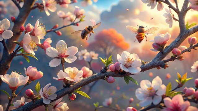 Vibrant blossoms on tree branches entice busy bees to collect nectar and pollen