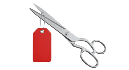 A pair of sharp scissors cutting a red blank tag isolated on transparent background