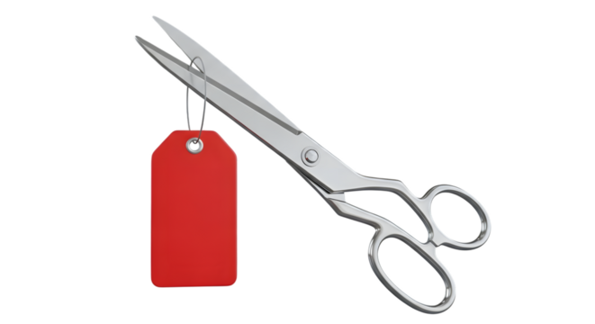 A pair of sharp scissors cutting a red blank tag isolated on transparent background - Powered by Adobe