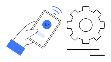 Hand holding smartphone with verification icon next to gear, suggesting digital interaction, system processing, and automation. Ideal for innovation, workflow, usability, engineering, software