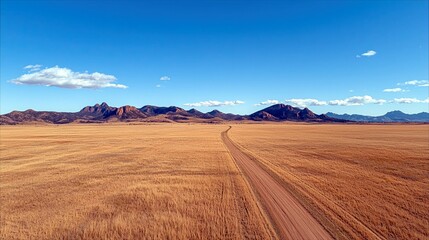 A vast, dry grassland stretches towards a rugged mountain range under a bright blue sky, with a dirt road curving through the scene.