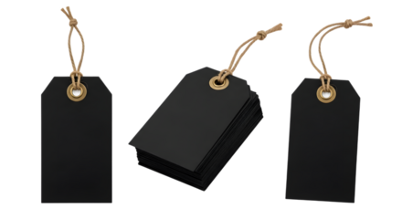Three black gift tags with string, isolated on transparent background