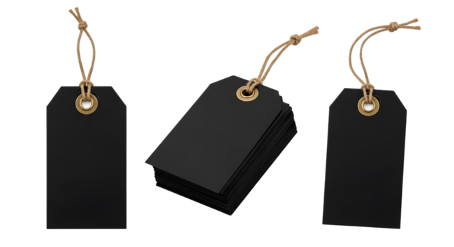 Three black gift tags with string, isolated on transparent background