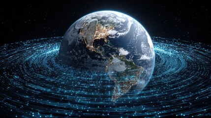 Exploration of Earth surrounded by glowing digital patterns illustrating global connectivity and technology